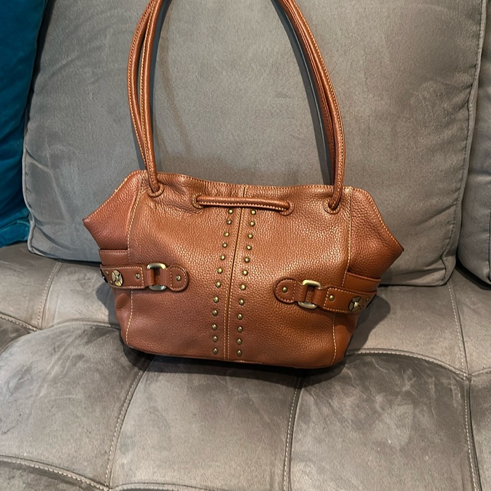 Brown Vegan Leather Shoulder Bag with Decorative Stitching